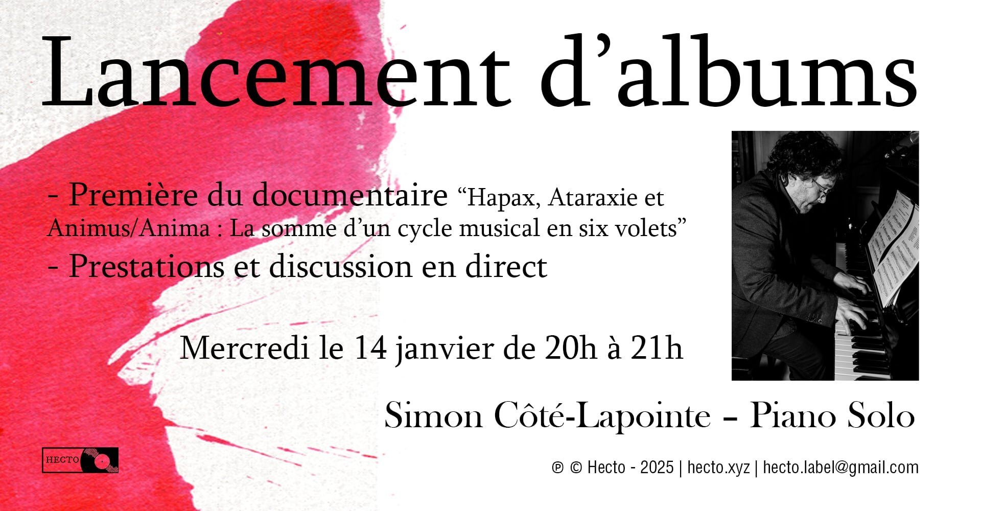 Simon Côté-Lapointe lance 3 albums doubles en ligne : Hapax, Ataraxie et Animus/Anima (14 jan)